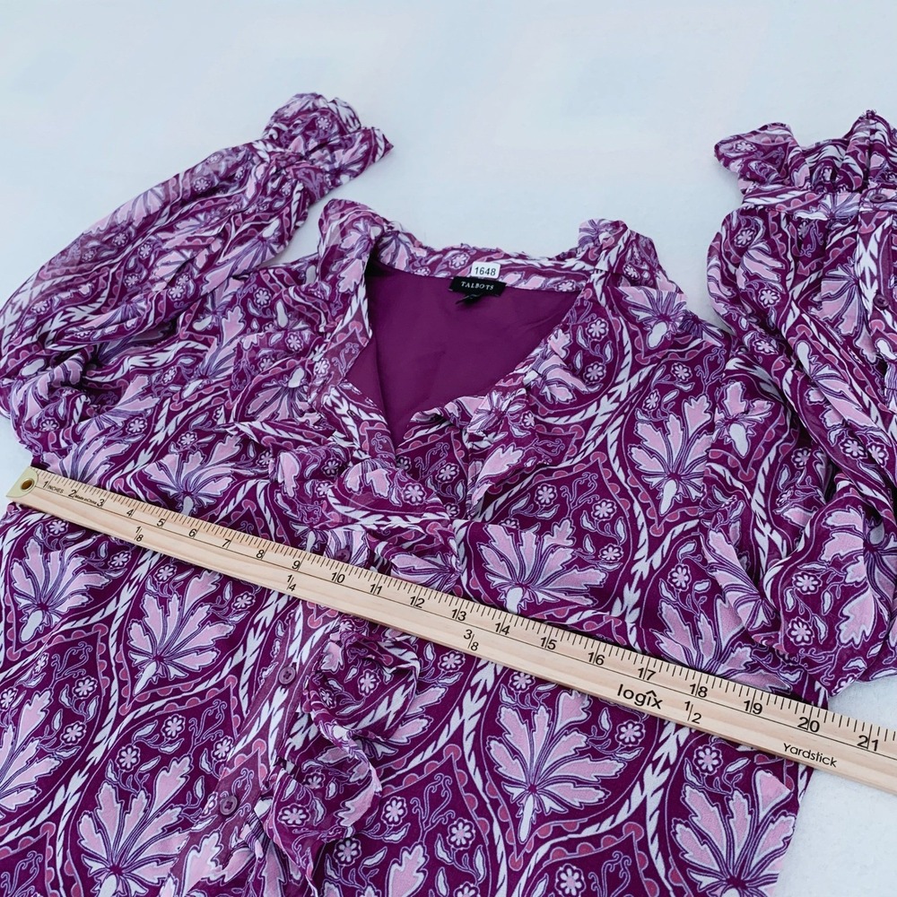 Talbots Blouse Women L Purple Floral Ruffle Neck Long Sleeve Button Front Top - Picture 7 of 10